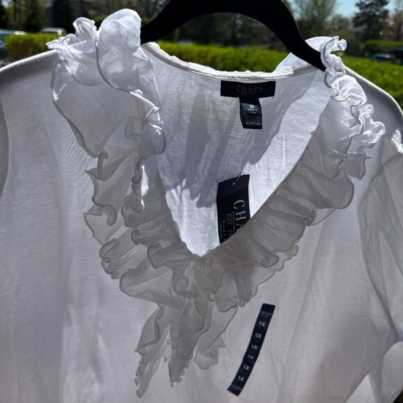 Chaps Women's Plus Size Pullover Cotton Top with Ruffle V-Neck NWT - Picture 4 of 13